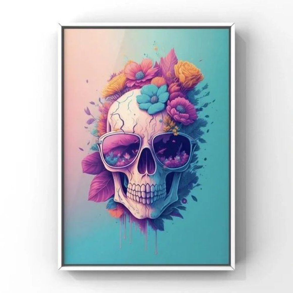 Modern Skull with flowers Illustration Art Print for home decor